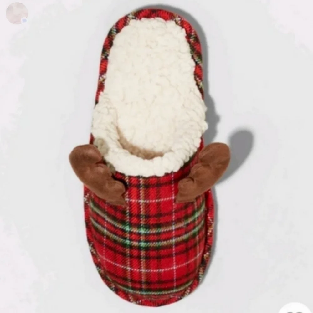 NWT Wondershop Kids' Holiday Plaid Reindeer Moose Slippers Size 9-10 Unisex New